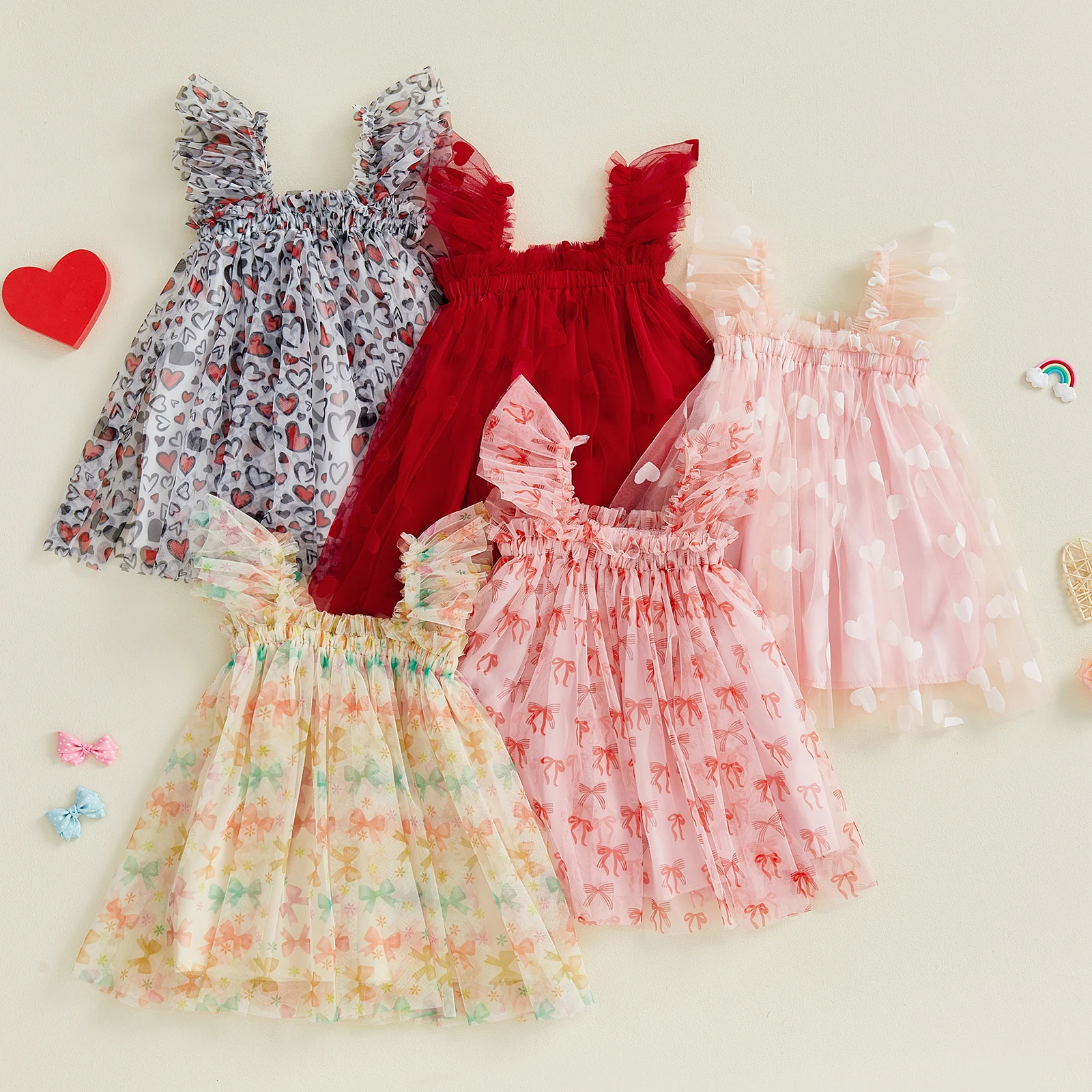 1-4Y Kid Girl Princess Lace Mesh Tulle Dress Heart/Bow Print Flying Sleeve Suspender A-Line Party Dresses