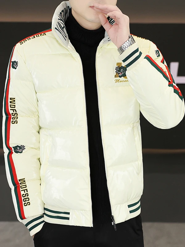 

Trendy Cotton Jaet Men's Winter Embroidered Color Blo Striped Slim Fit Warmth Outerwear Sli Stand Collar Coat