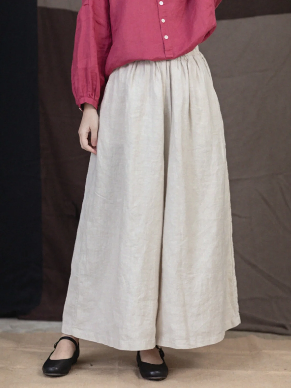 กางเกงขายาวเอวสูงผ้าฝ้ายลินินทรงขากว้างสำหรับผู้หญิง สไตล์ลำลอง ทรงตรง รุ่นใหม่ประจำฤดูร้อน 2025 เอวยางยืด ใส่ได้หลากหลาย