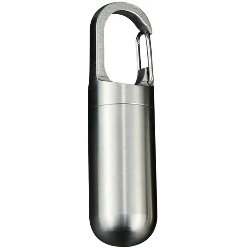 1pc Portable Stainless Steel Medicine Bottle Keychain Case Container Waterproof HolderDrug Pill Box Keyring For Outdoor Camping