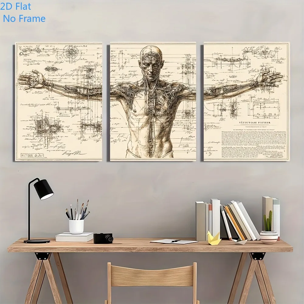 （Noframe 3PCS)-2D Flat, 2D Flat 3pcs Da Vinci Vitruvian for Man Wall Art - Vintage Anatomical Diagram, Proportional Human Dra