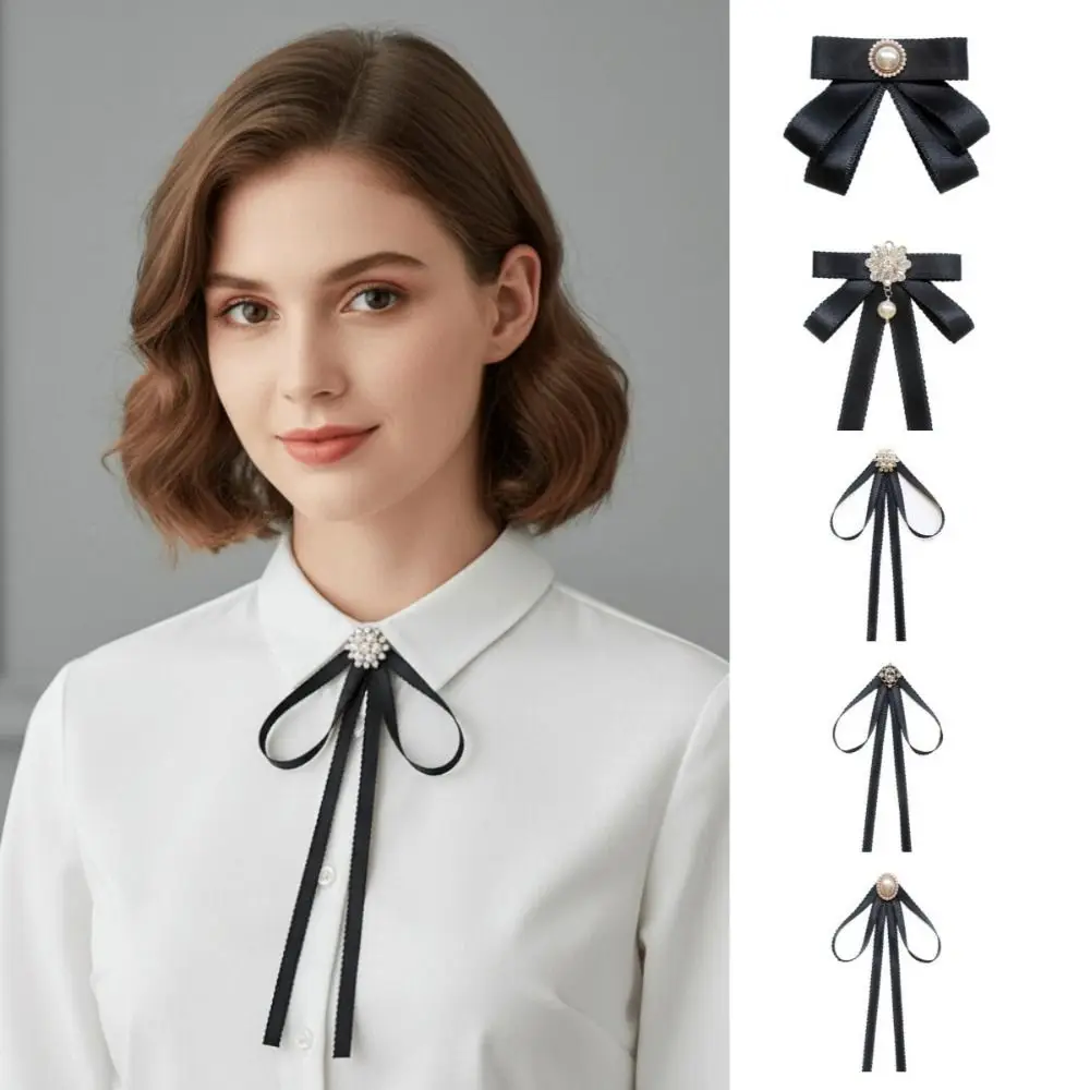 

Sweet Solid Color Black Ribbon Pin Rhinestones Pearl Funerals Memorial Pin Multi-layer Lolita Black Bow Necktie Shirts