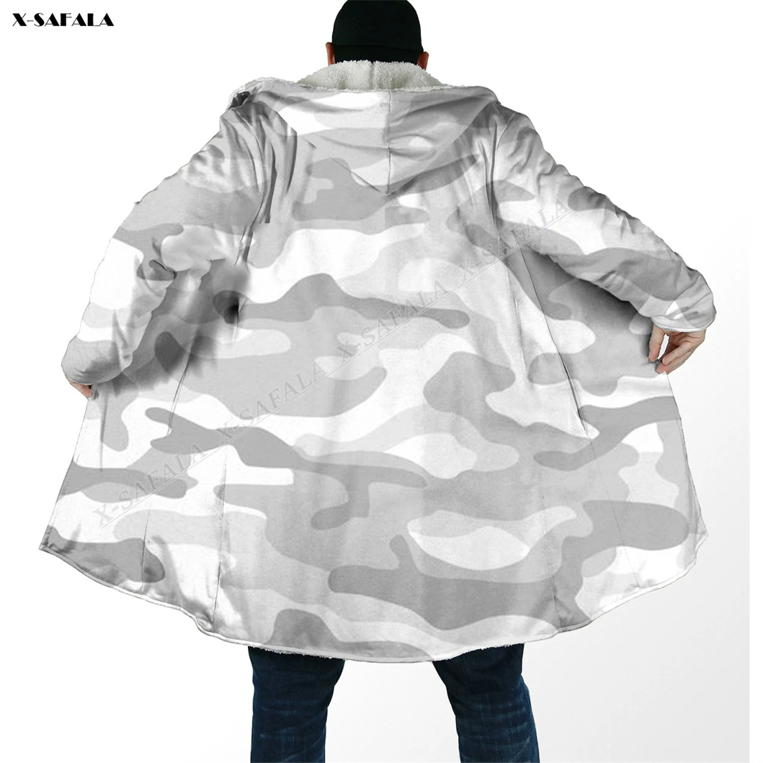 Snow Throw Army Camo Pattern 3D Printed Overcoat Hooded Blanket Coat Robe Fleece Loose Men Female Cloak Windproof