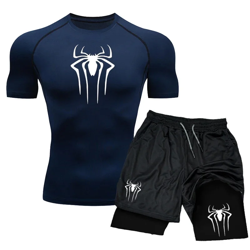 New Compression Set Spider Print Sportwear for Men Quick Dry GYM Shorts+Shirt 2PCS Quick Dry Short Sleeve Trainning Sport Suit