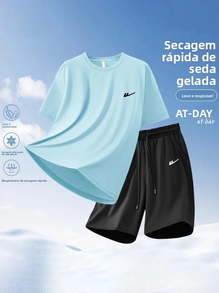 戦士ランニングスポーツウェアセット男性夏アイスシルク通気性クール速乾カジュアル半袖-tシャツティーンエイジャーショーツ