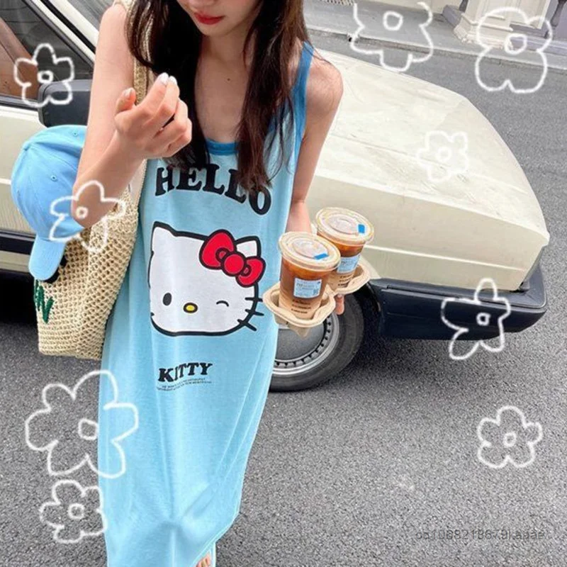 Sanrio Hello Kitty Pajamas Dress for Women Summer Sweet Loose Sling Dresses Female Clothing Sleeveless Tshirts Y2k Home Clothes