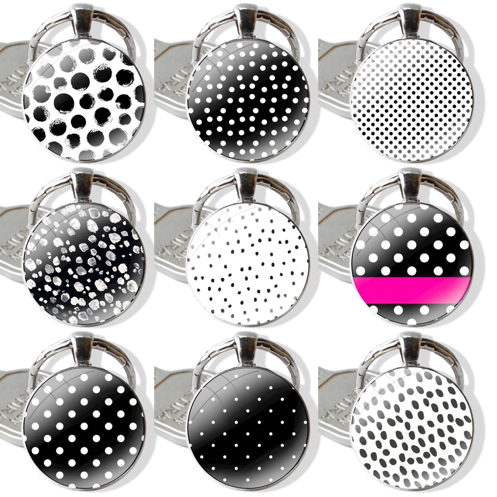 Black and White Polka Dot 25mm Glass Cabohcon Keychain Key Rings for Women Men Jewelry Gift