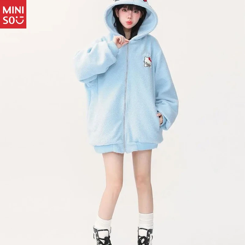 Miniso Cozy Hello Kitty Hooded Jacket, Cute Plush Fleece-Lined Winter Coat for Women