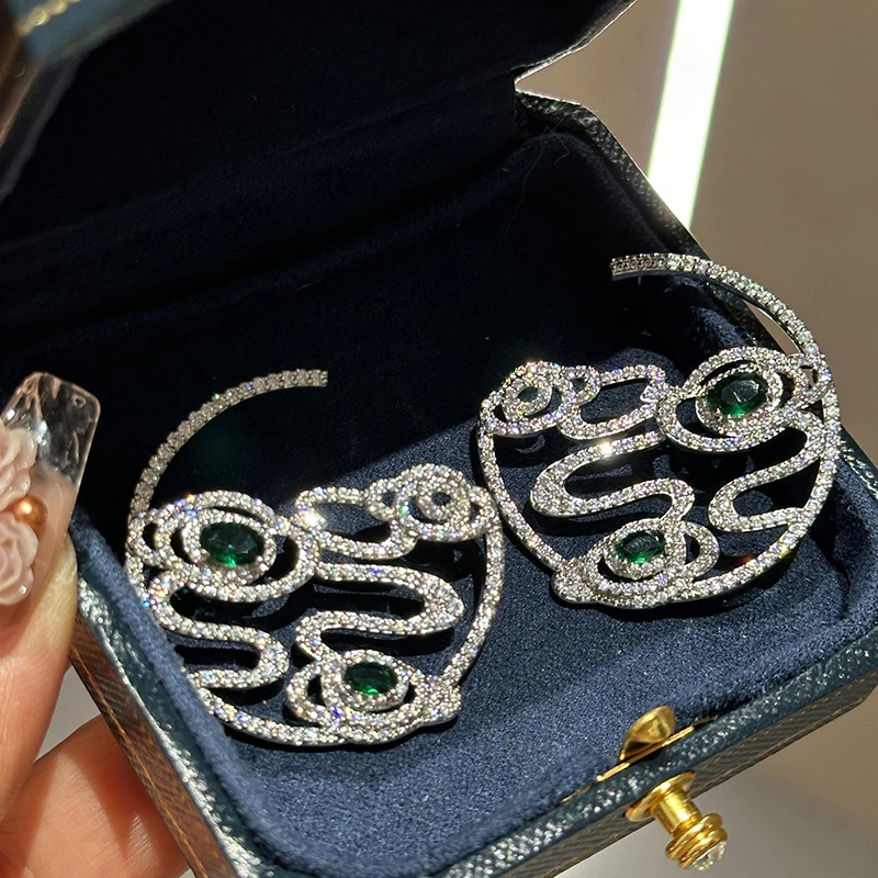 

Ethinic luxury earrings unique new Chinese style green zircon large circle shiny party dinner eardrop