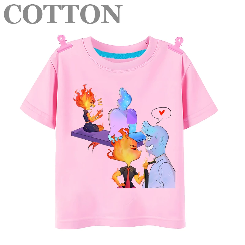 Disney Anime Elemental Wade Ripple and Embe Summer Fashion Cotton Children's Cartoon T-shirt Round Neck Short Sleeve Print