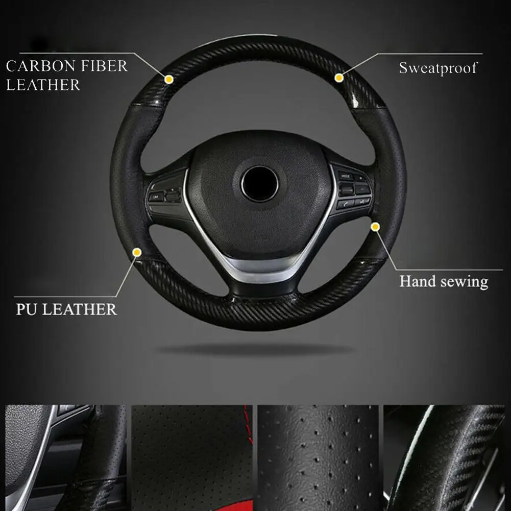 Car Leather Steering Wheel Cover Carbon Fiber Pattern Fashion Sport Hand Stitched Soft Anti-slip Breathable Sleeve Universal