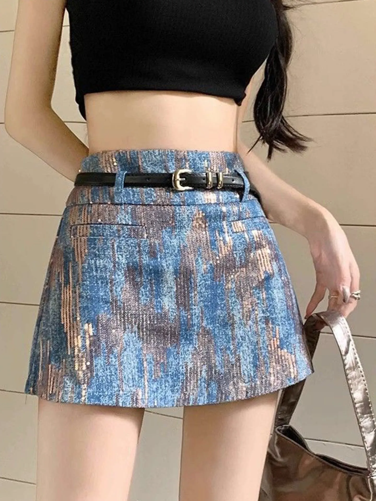 Vintage High Waist Denim Mini Skirt for Petite Women, Unique Designer Slim Fit Flattering Versatile Elegant A-Line Short Skirts