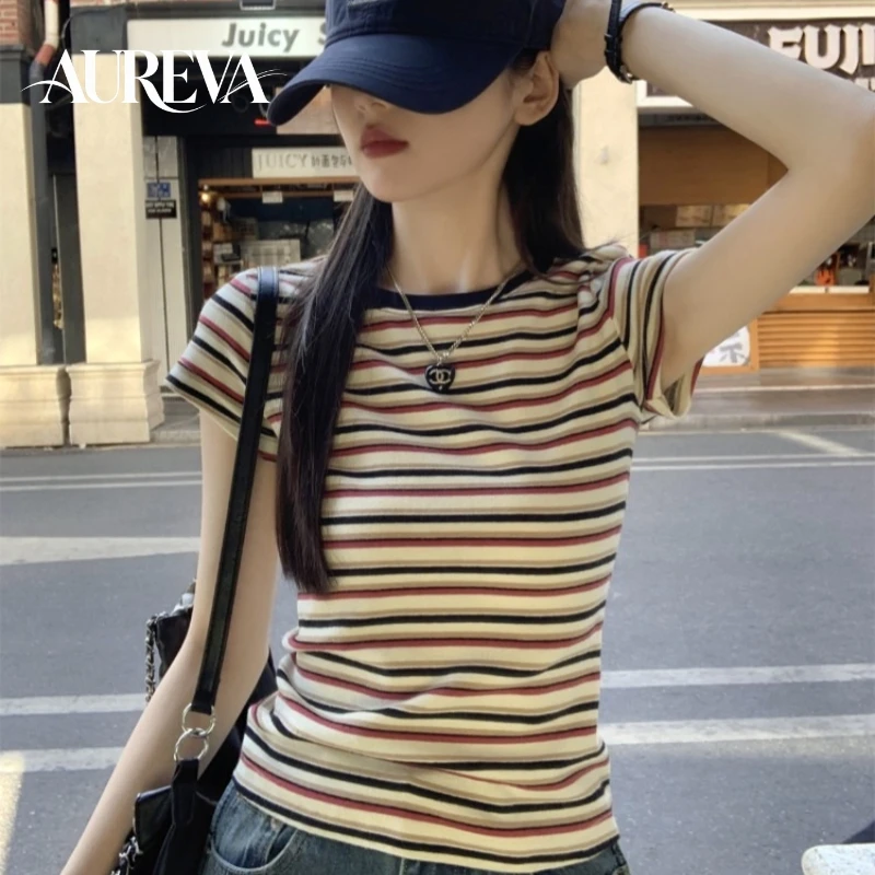2026 Summer Korean Retro Color Block Striped T Shirt Women Ins Fashion Slim Fit Short Sleeve Crop Top Basic Layering Blouse