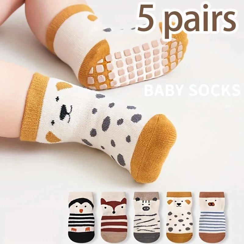 5 pairs of cartoon baby socks with breathable and non slip soles, cool insulation for children\'s socks, indoor walking socks, cu