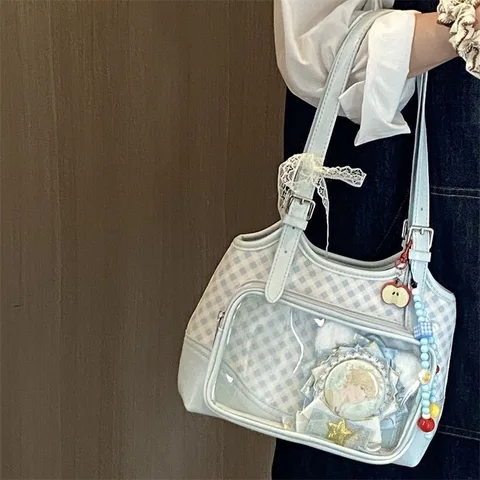Женская большая сумка Blue Grid Itabag Прозрачная сумка Женская сумка Y2K Аксессуары Ita Bag Кожаные сумки Лолиты Женская сумка на плечо