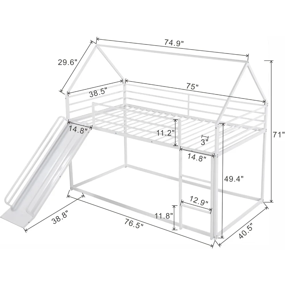 Heavy Metal House Low Bunk Bed with Slide & Ladder Twin Over Twin, Montessori Floor Bunk Bed Frame with Full-Length Guardrail