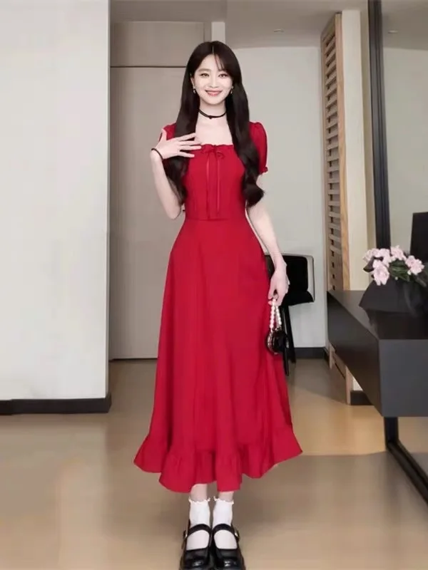 Or Sve Dr – jupe trapèze à col carré rouge rétro pour femmes, nouvelle collection d'été, taille haute, amincissante, portable