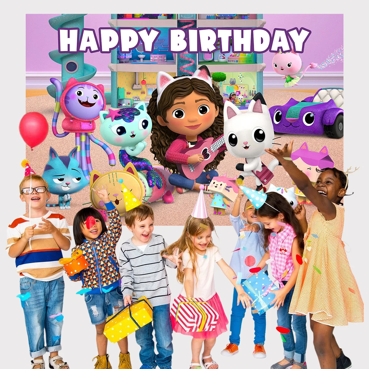 Cenário de casa de bonecas de Gabby, feliz aniversário, fundo de fotografia de vinil para crianças, festa de aniversário, cabine de foto, banner para mesa de bolo