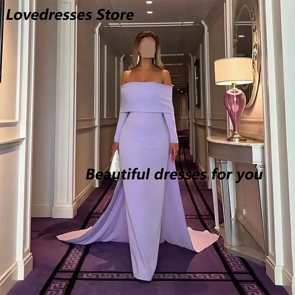 

Customized Elegant Purple Evening Dresses Women's Off Shoulder Straight Party Dresses Long Sleeve Formal Prom Dress Saudi Arabia