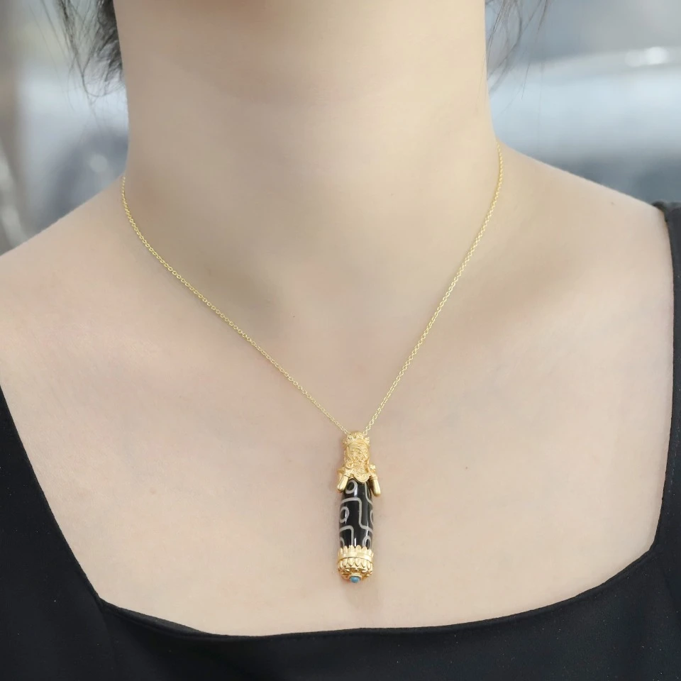 Tibetan Buddhism Black Agate 9 Eye Dzi Bead Pendant Necklace 24k Copper Gold Plated Jewellery Women Lucky Charms Amulets