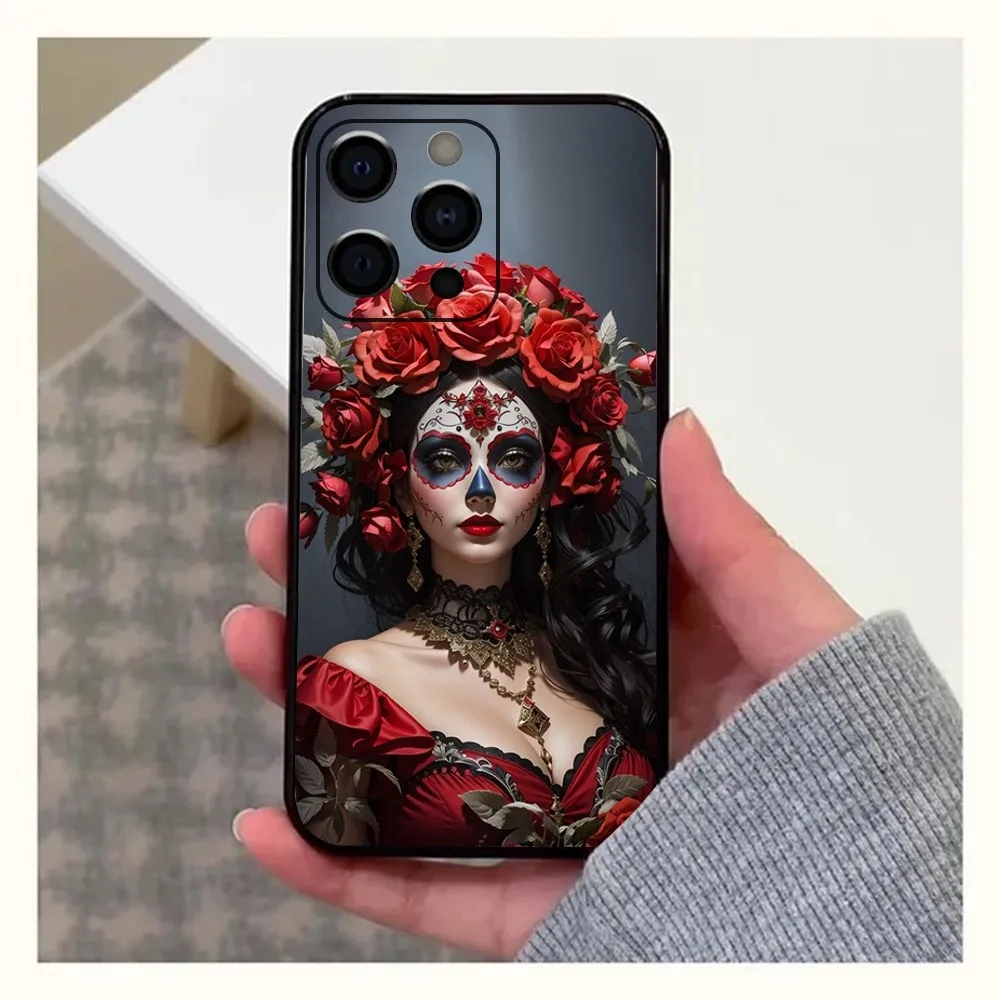 Mexican Catrina Skull Girl Phone Case For Apple iPhone 15,14,13,12,11,Pro,X,XS,Max,XR,Plus,Mini Soft Black Cover