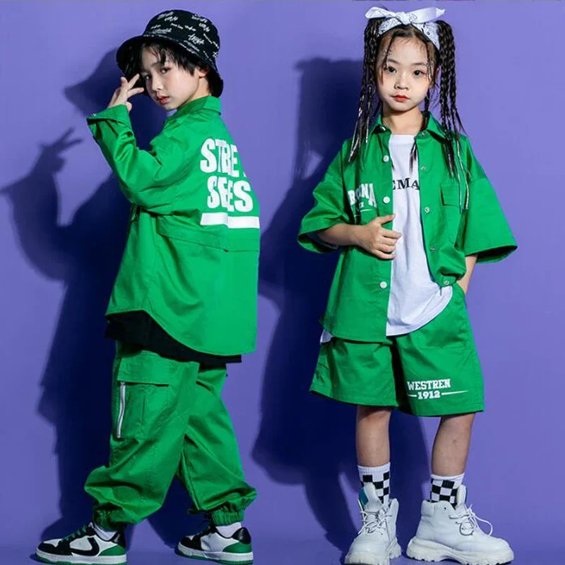 Camisa Cardigan Verde Infantil e Shorts Cargo, Top e Calças, Traje Jazz Dance, Roupas Rave, Roupas Kpop, Hip Hop e Concert, Meninos e Meninas