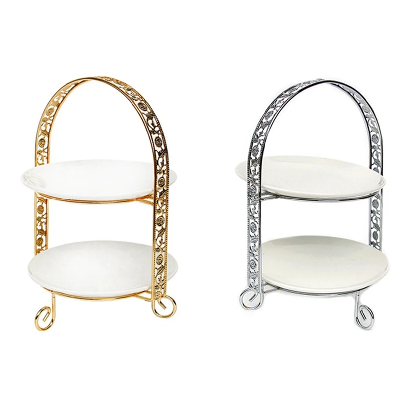 2 Pcs Metal Cake Stand Double-Layer Arch-Shaped Golden Fruit Dessert Rack Party Decoration Cupcake Stand, Gold & Silver