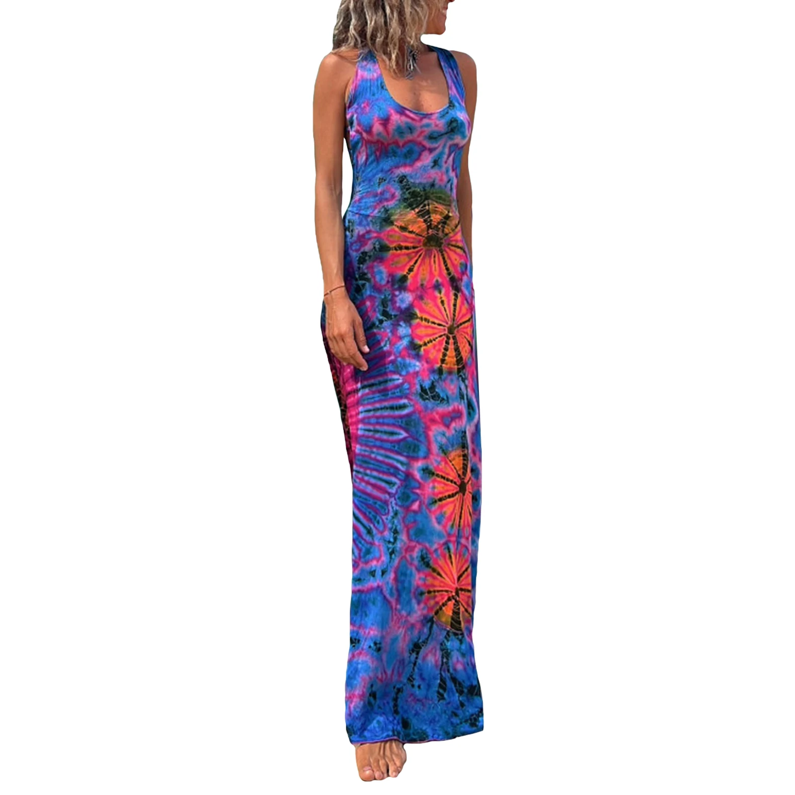 

hirigin Women Summer Y2k Tie Dye Long Dress Sexy Sleeveless Open Back Bandage Colorful Dress Floral Print Beach Party Vestido