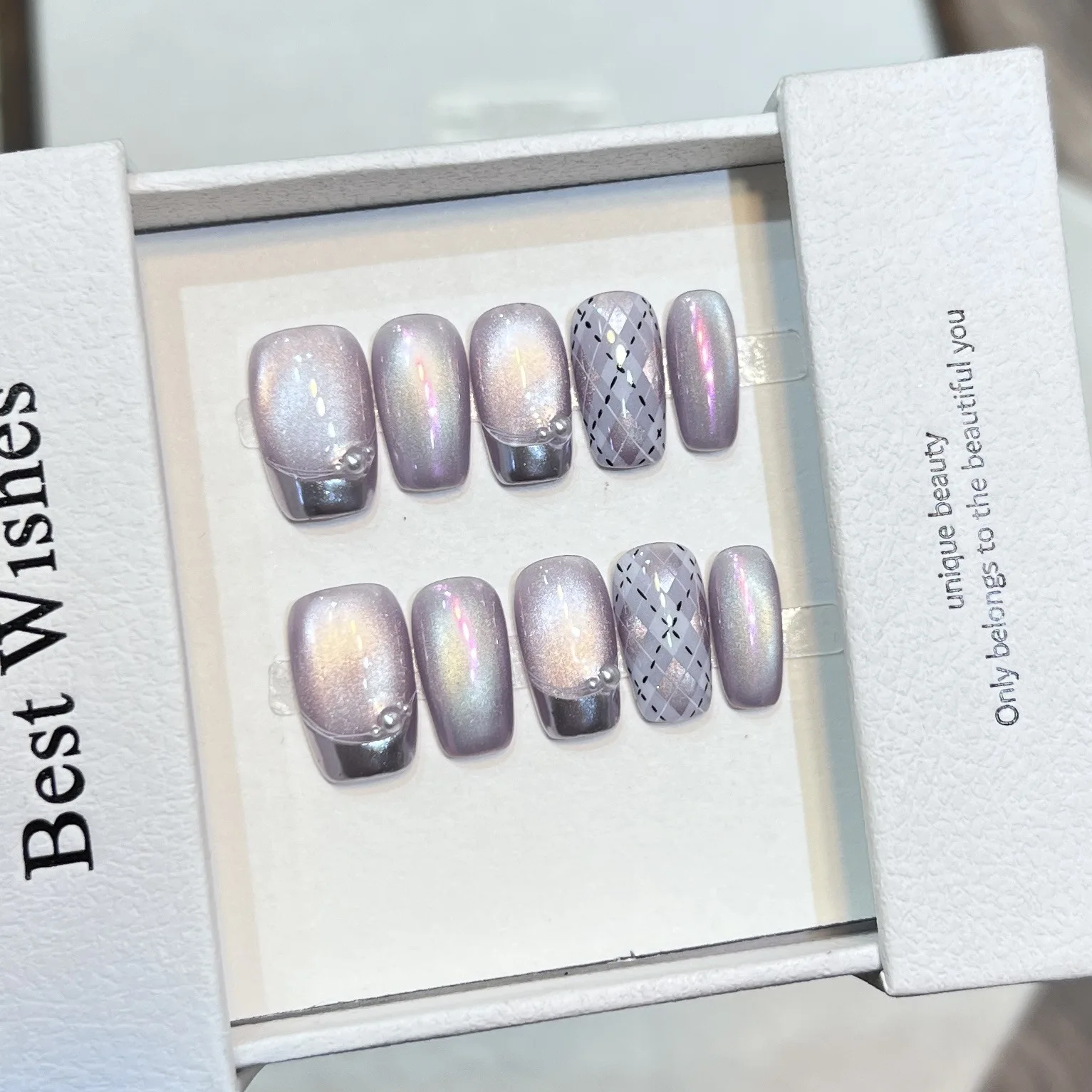 10pcs Halloween Press On Nails Mirror Aurora French Ribbon Purple False Nail for Women&Girl Removable Wearable Fake Nail Art