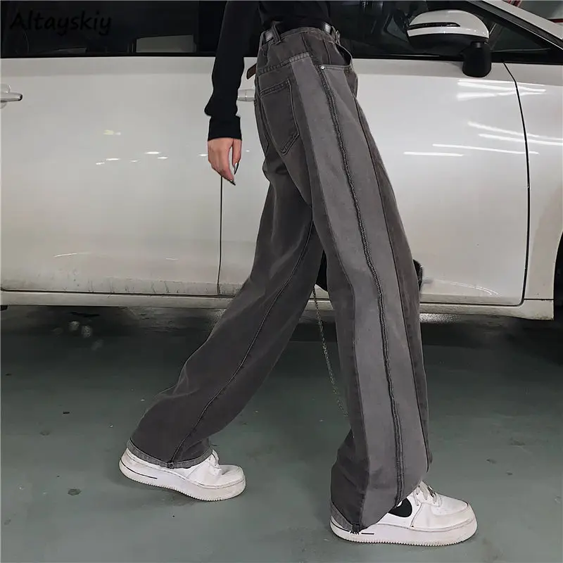 

Джинсы женские винтажные в полоску по бокам уличная мода популярные длинные карманы с высокой талией универсальные вечерние крутые унисекс BF