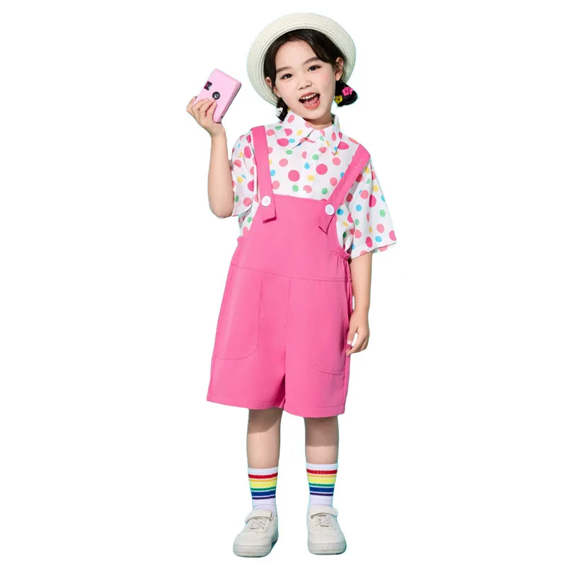 Kids Suspender Pants Outfit Girl BoysSchool Chorus Cheerleading Dance Costume Kindergarten Graduation Stage Performance Clothes