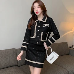 Small Fragrance Tweed Women Autumn Winter French Vintage Two Pieces Sets Female Elegant Long Sleeve Jackets + Mini Skirts Outfit