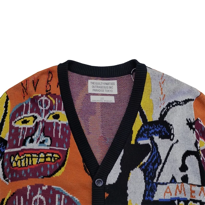 New Winter Autumn High Street WACKO MARIA Men's Women's Cardigan Knitted Sweater 1:1 Graffiti Casual Cotton V-Neck Sweater
