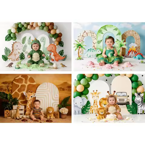 Dino Friends Arches Backdrop Off To The Safari Kids Cake Smash Props Birthday Photocall Props Child Baby Photography Background
