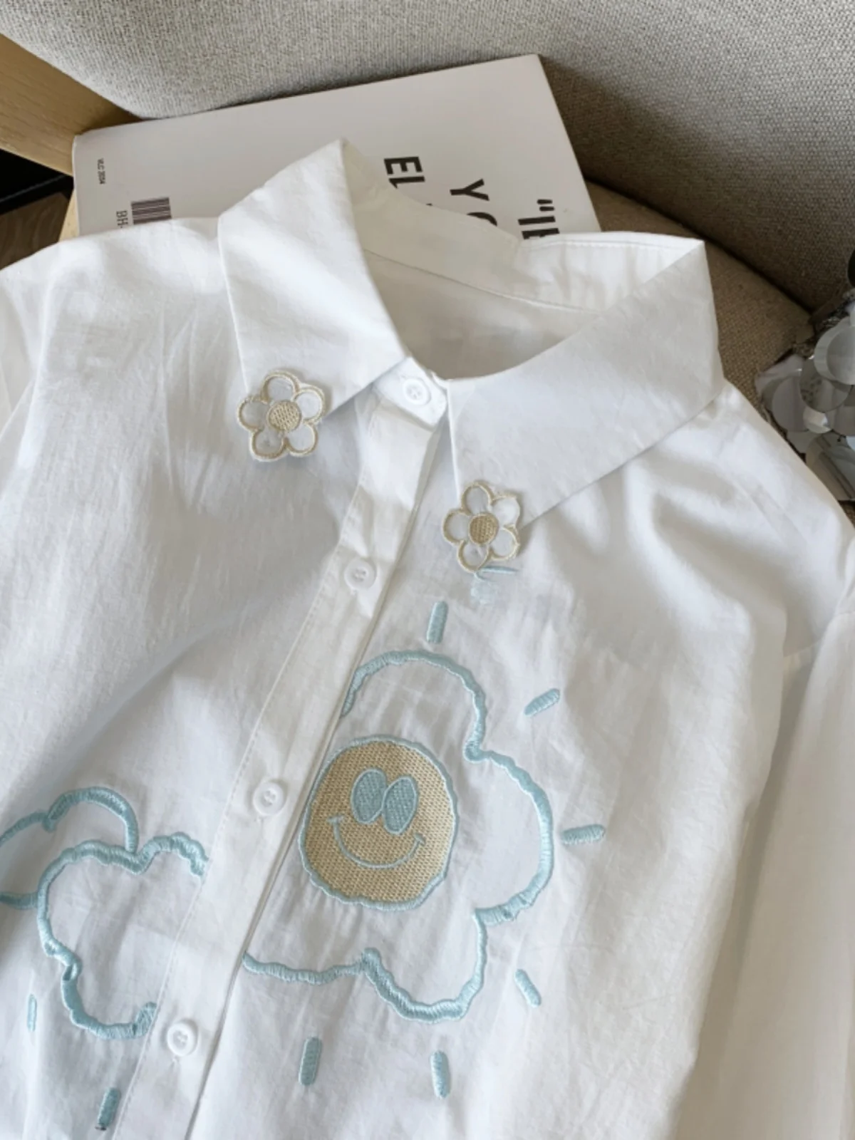 

Ele Embroidered Ne White irt Women's Spring Collection Fre Faion Ladies' Blouse Cotton Long Sve Loose Fit