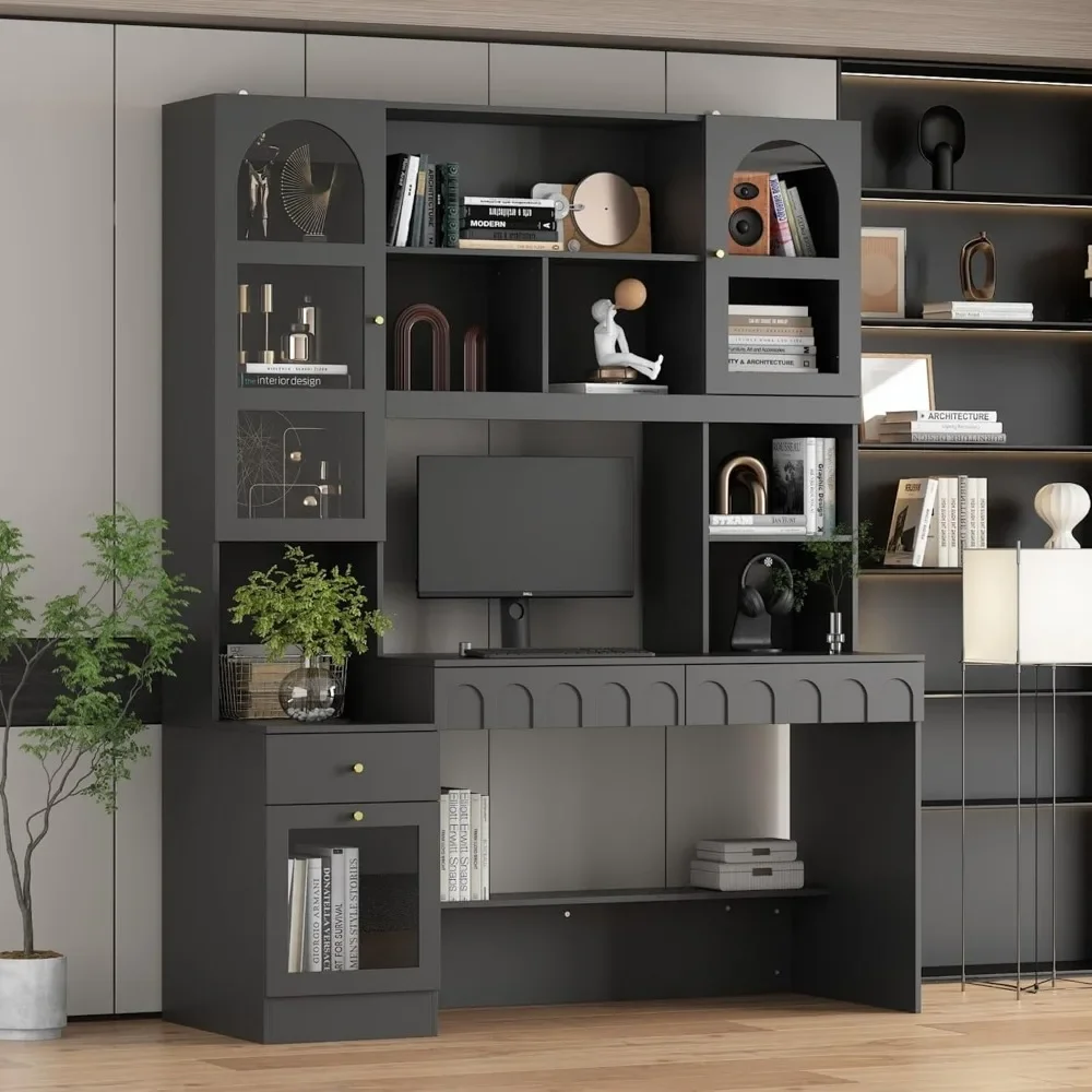 

62 Inch Home Office Desk with Shelves, Cabinet Desk with Drawers and Glass Doors, Computer Desk with Storage Cabinets
