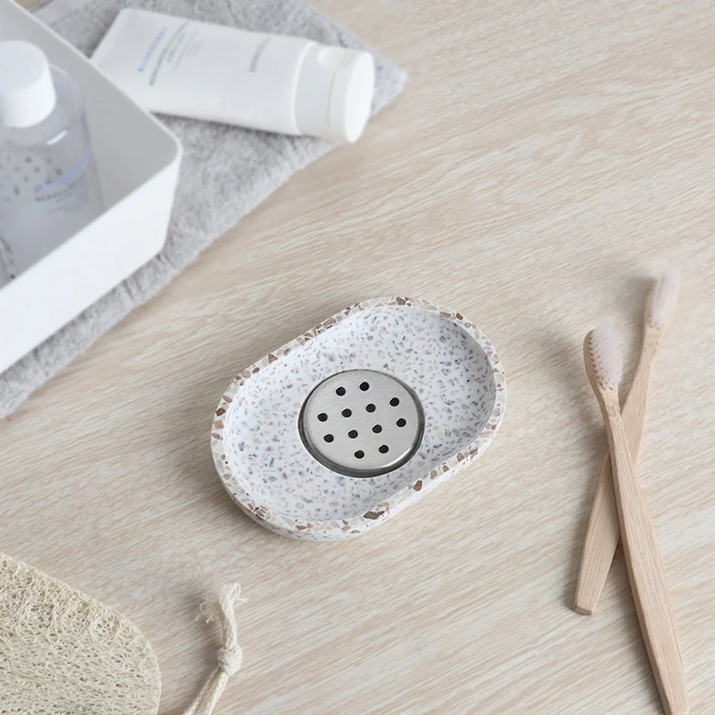 Terrazzo Oval Soap Dish with Stainless Steel Drain Insert for Maintaining Soap Integrity Through Proper Drainage