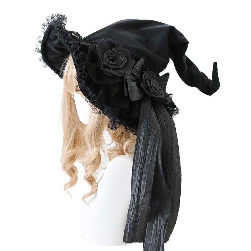 フラワーウィッチハット ロリータ デビルボウ ベルベットレース ハロウィンウィッチハット ウィッチハット