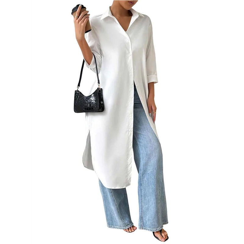 

НОВИНКА-женские повседневные рубашки на пуговицах со средними рукавами, однотонные длинные блузки с лацканами, топы