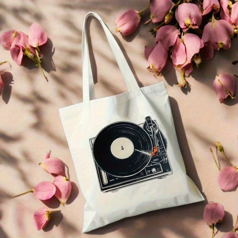 Durable and sturdy tote bag，Designed with a vinyl record player in mind，This unsealed shoulder bag is lined and has reinforced s
