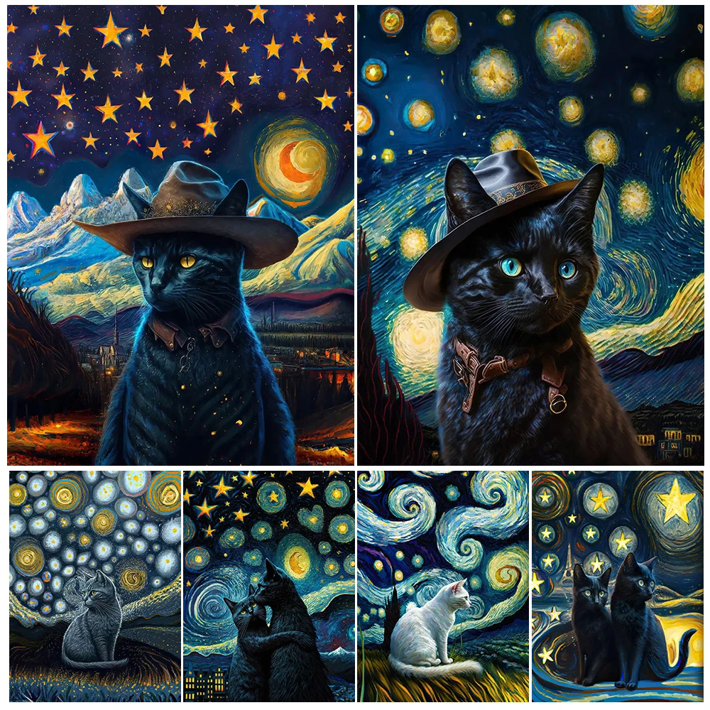 Black Cat And White Cat Under The Dreamy Starry Sky Vintage Wall Art Canvas Painting Van Gogh Impressionist Art Poster And Print