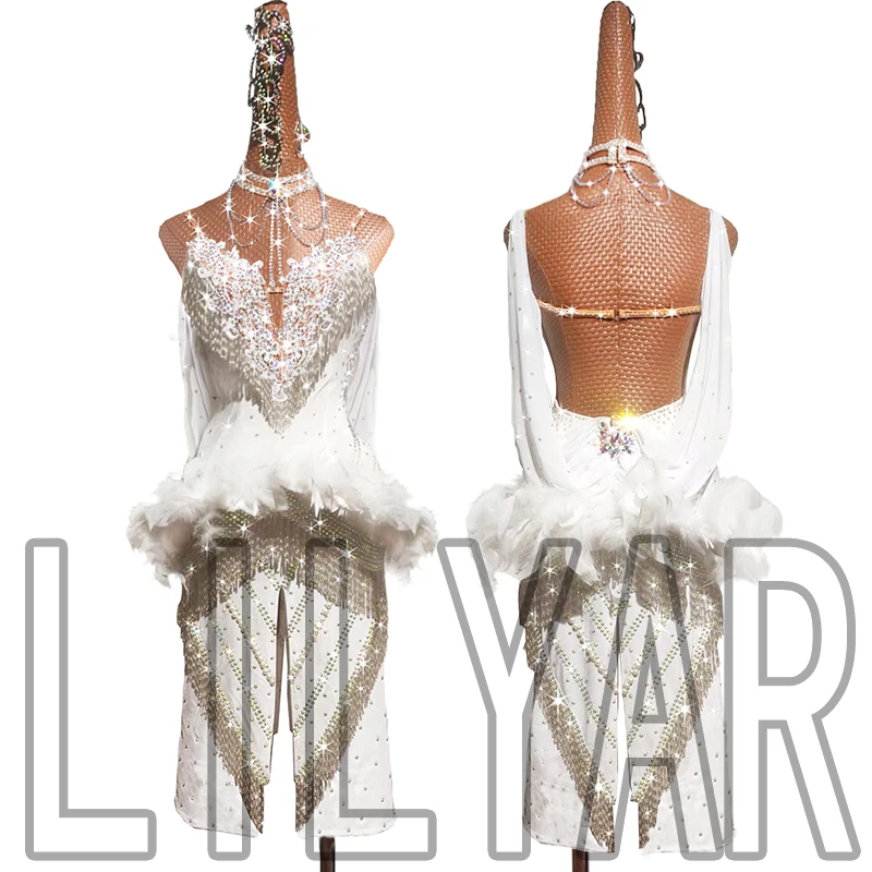 

LILYAR New Latin Dance Performance Competition Performance Solid Color Sleeveless White Feather High-Grade Dance Dress