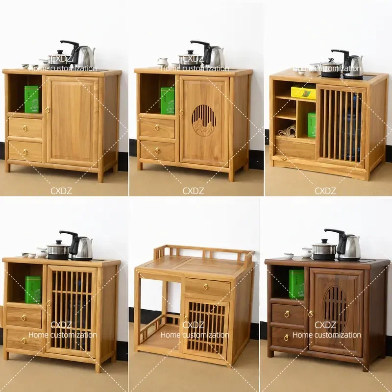 New Chinese Style Tea Cabinet Simple Living Room Solid Wood Dining Sideboard Elm Mobile Small Tea Table Multi-functional