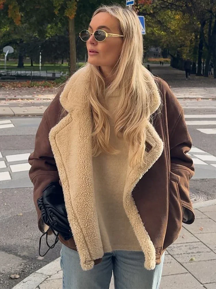 2505 جديد الشتاء سترة دافئة للنساء الشارع عادية فضفاض جيب المرقعة التلبيب سترة فام أنيقة خمر الجلد المدبوغ معاطف #6