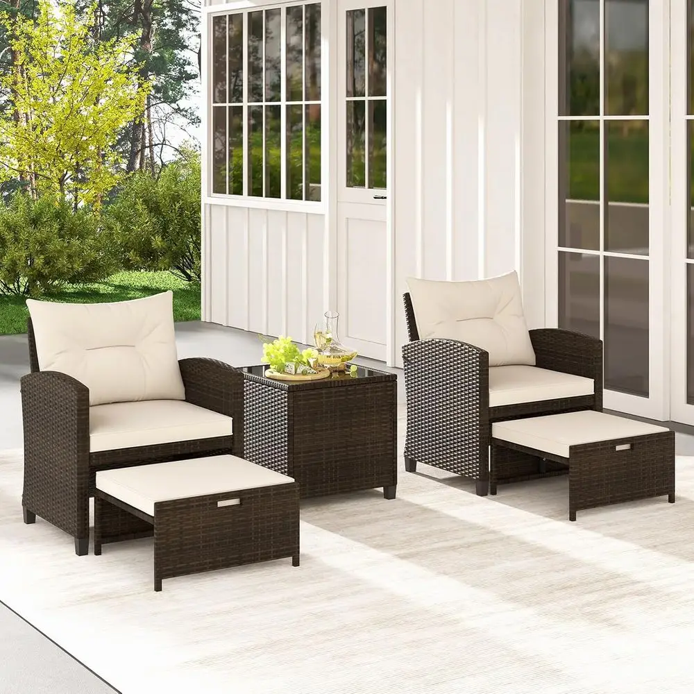 

5-Piece White Rattan Patio Set with Glass Coffee Table and Ottomans for Outdoor/Indoor Use