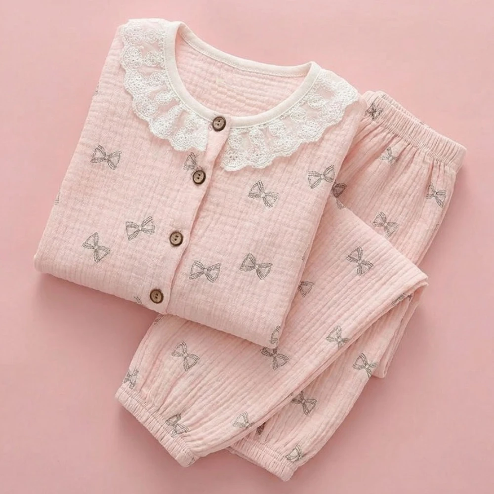 Sommer-Kinderbekleidungssets für Klimatisierte Räume Mädchen Bequeme Langarm-Spitzen-Hauskleidung Kinder Niedliche Rosa Schlafanzüge