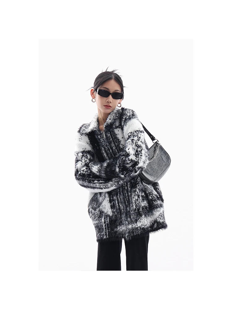 2023 Winter Lapel Loose Female Sweater Harajuku Oversize Tie Dye Contrast Color Women Knit Teddy Jacket Fluffy Plush Knitwear