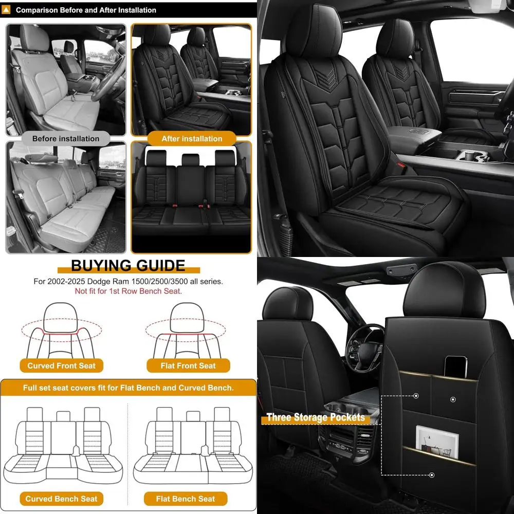 

Чехлы на сиденья грузовика — 2002-2025 Dodge RAM 1500 2500 3500, совместимые с четырьмя кабинами Crew, комплектом из 5 сидений, черной линией, плоской скамейкой