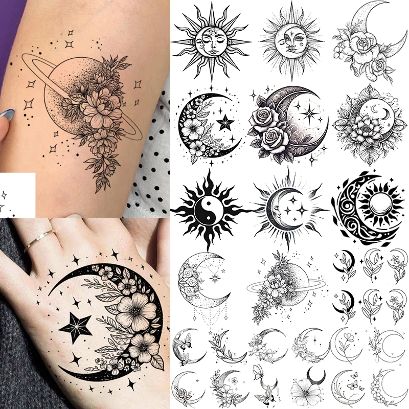 1 Sheet Sun Flower Crescent Temporary Tattoos For Adult Hand Arm Neck, Fake Tattoo Sticker Long Lasting Realistic Tatoo Body Art