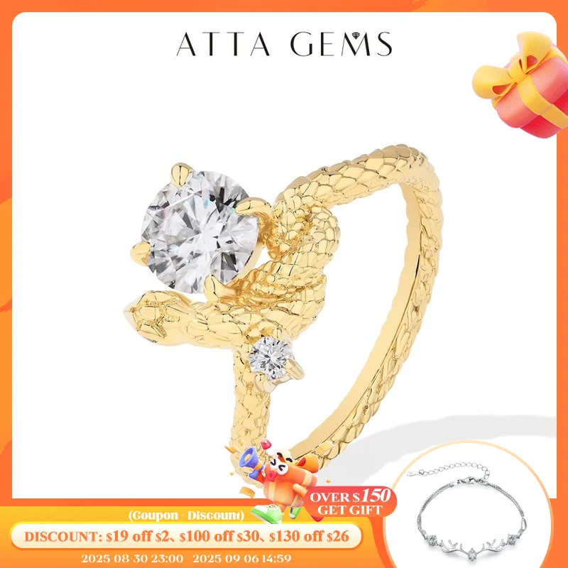ATTAGEMS Original Snake Moissanite Rings Round Cut 1.2CT for Women Men S925 Silver 18K Gold Plated Engagement Party Jewelry Gift